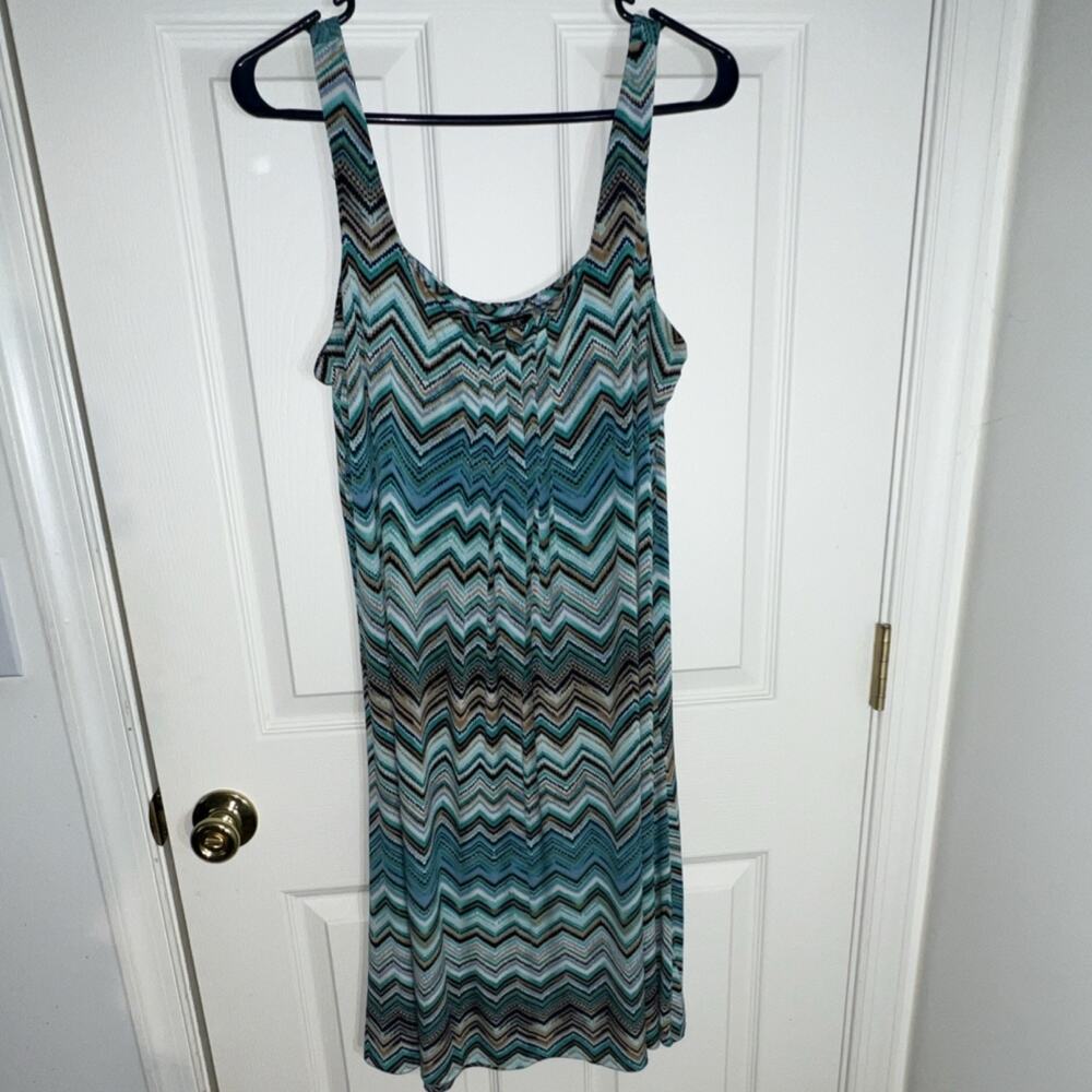 Glamour Womens Chevron Zigzag Sleeveless‎ Shift Dress Teal Blue Brown Size 16